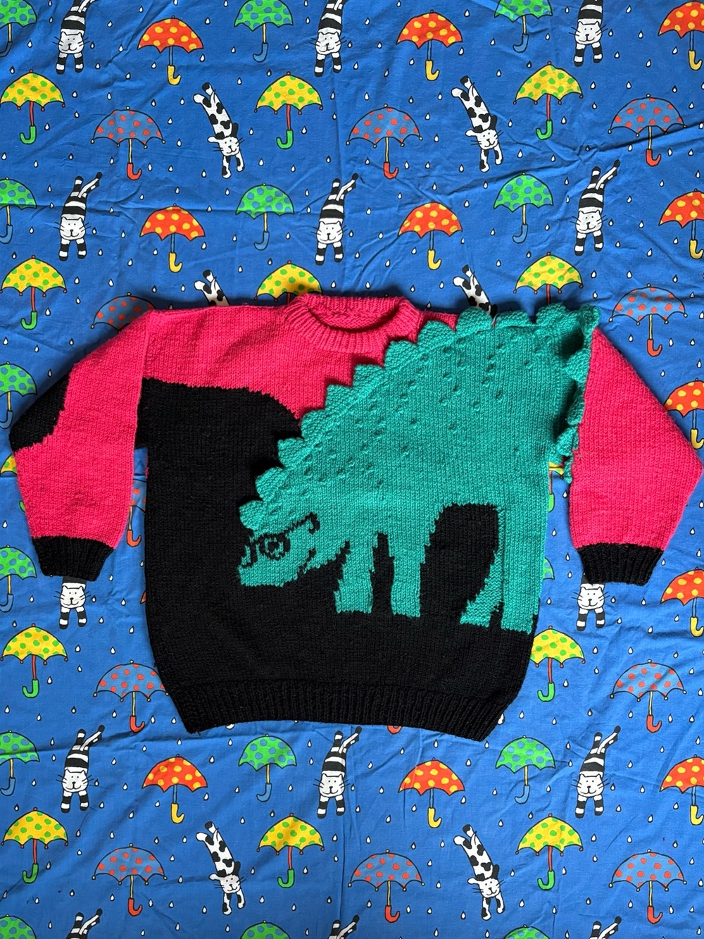 Chunky Handmade Dinosaur Pink Black Teal Knit Sweater